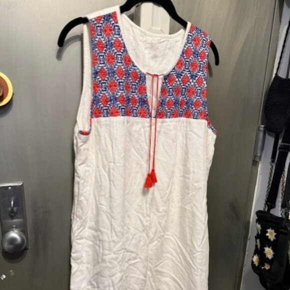 Boho Red, White & Blue Embroidery Sleeveless Linen Peasant Shift Mini dress - Picture 9 of 16